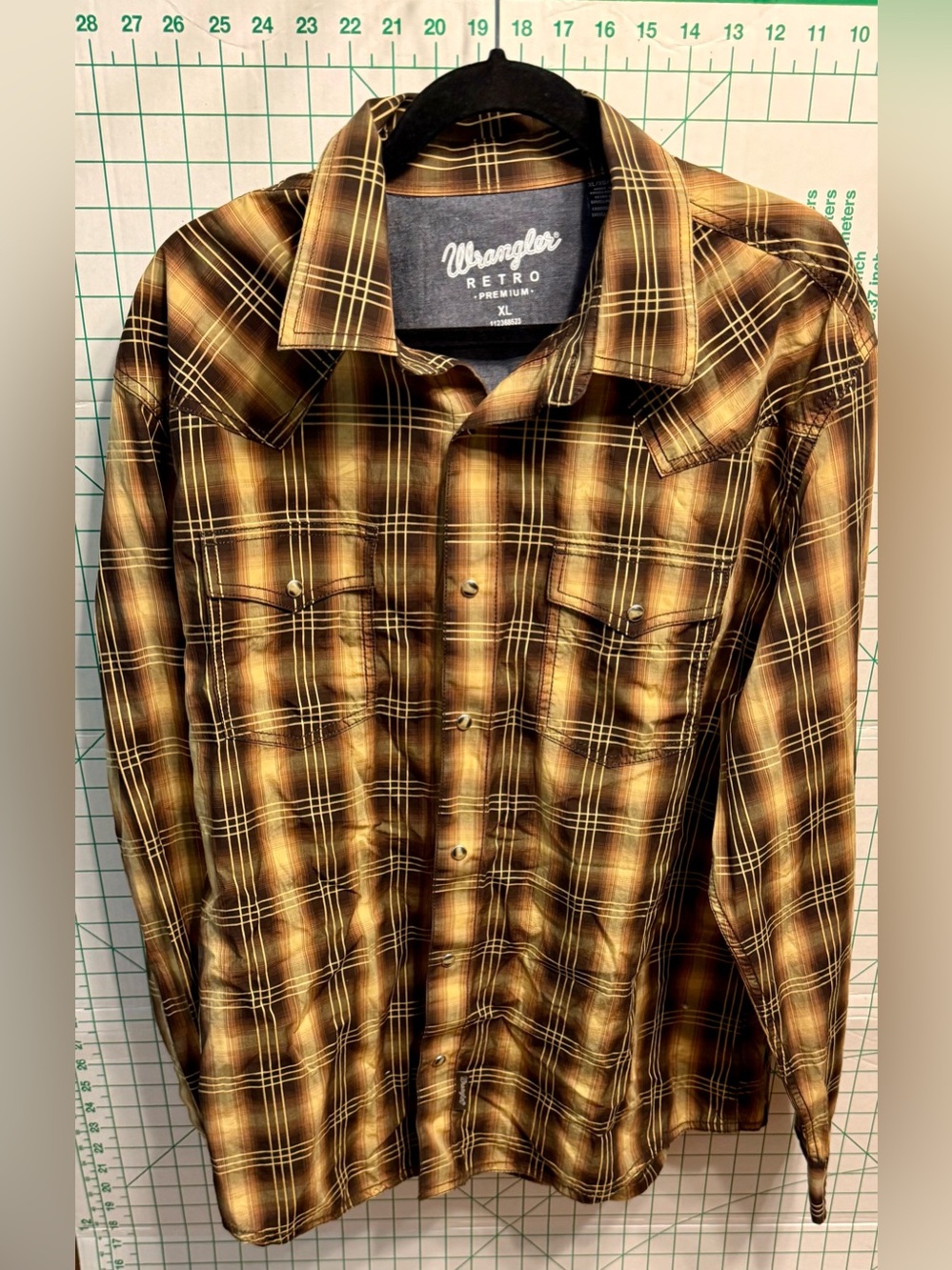Wrangler Retro Premium Western Shirt Mens XL Brown Gold Ombre Plaid Pearl Snap